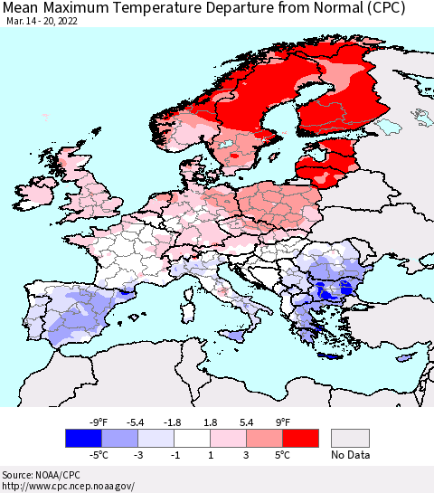 Europe Mean Maximum Temperature Departure from Normal (CPC) Thematic Map For 3/14/2022 - 3/20/2022