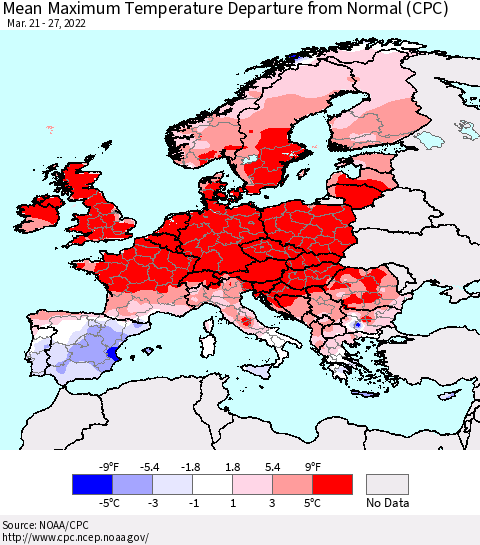 Europe Mean Maximum Temperature Departure from Normal (CPC) Thematic Map For 3/21/2022 - 3/27/2022