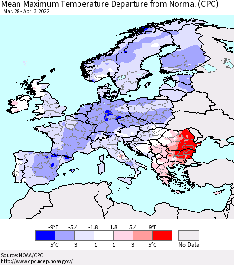 Europe Mean Maximum Temperature Departure from Normal (CPC) Thematic Map For 3/28/2022 - 4/3/2022