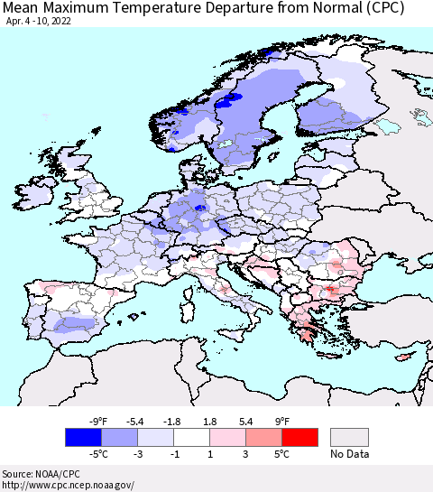 Europe Mean Maximum Temperature Departure from Normal (CPC) Thematic Map For 4/4/2022 - 4/10/2022