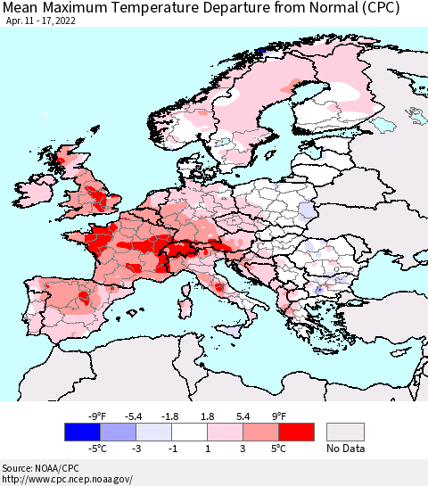 Europe Mean Maximum Temperature Departure from Normal (CPC) Thematic Map For 4/11/2022 - 4/17/2022