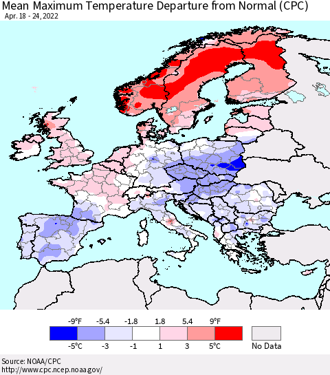 Europe Mean Maximum Temperature Departure from Normal (CPC) Thematic Map For 4/18/2022 - 4/24/2022