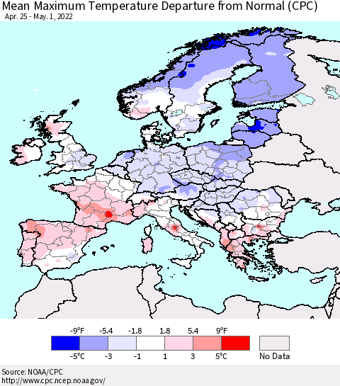 Europe Mean Maximum Temperature Departure from Normal (CPC) Thematic Map For 4/25/2022 - 5/1/2022