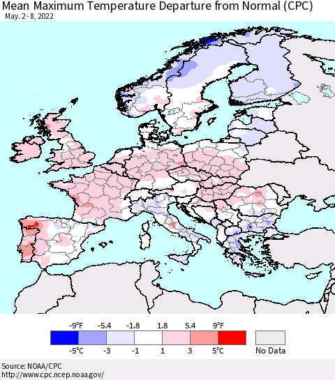 Europe Mean Maximum Temperature Departure from Normal (CPC) Thematic Map For 5/2/2022 - 5/8/2022