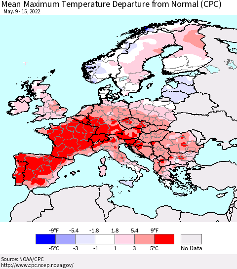 Europe Mean Maximum Temperature Departure from Normal (CPC) Thematic Map For 5/9/2022 - 5/15/2022