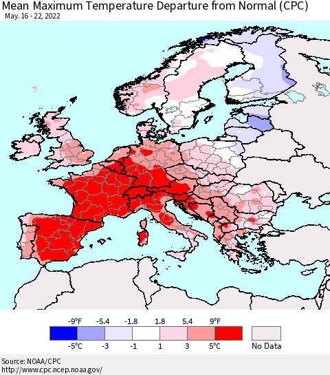 Europe Mean Maximum Temperature Departure from Normal (CPC) Thematic Map For 5/16/2022 - 5/22/2022