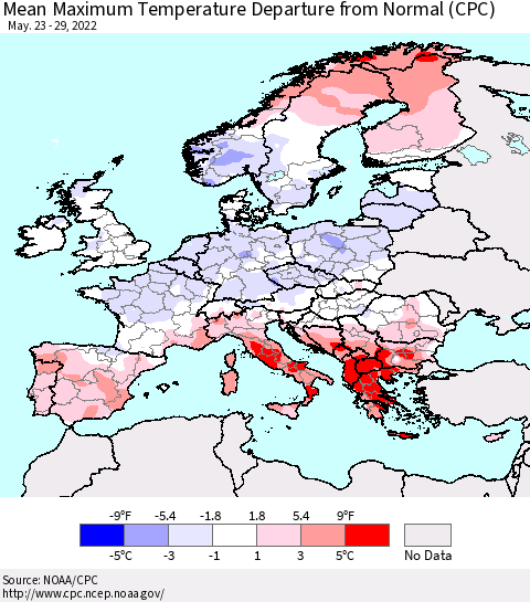 Europe Mean Maximum Temperature Departure from Normal (CPC) Thematic Map For 5/23/2022 - 5/29/2022