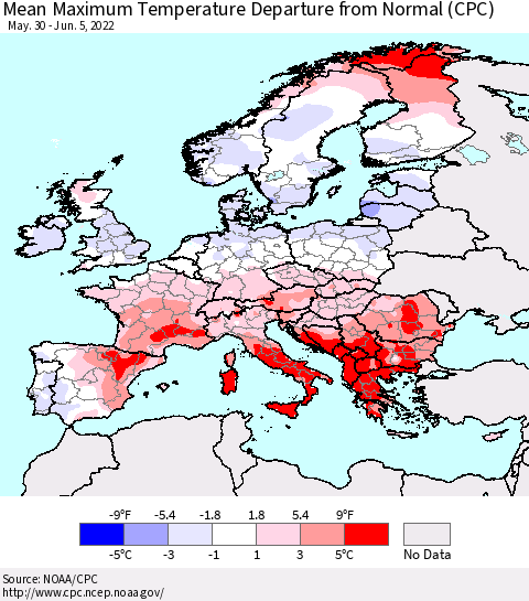 Europe Mean Maximum Temperature Departure from Normal (CPC) Thematic Map For 5/30/2022 - 6/5/2022