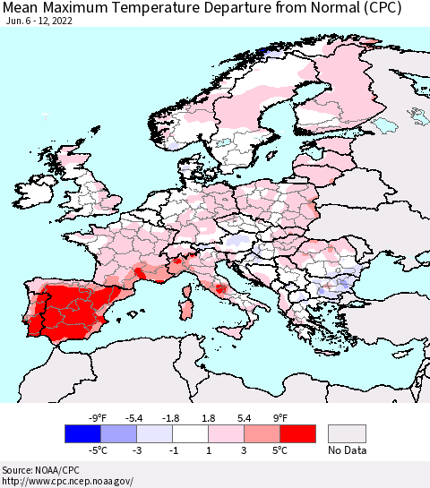 Europe Mean Maximum Temperature Departure from Normal (CPC) Thematic Map For 6/6/2022 - 6/12/2022