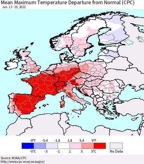 Europe Mean Maximum Temperature Departure from Normal (CPC) Thematic Map For 6/13/2022 - 6/19/2022