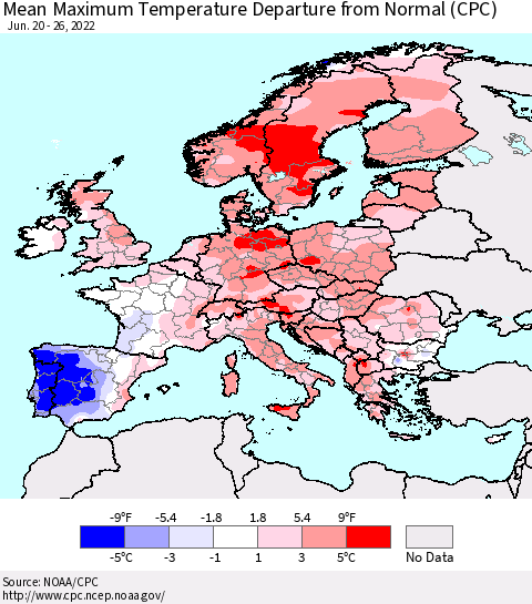 Europe Mean Maximum Temperature Departure from Normal (CPC) Thematic Map For 6/20/2022 - 6/26/2022
