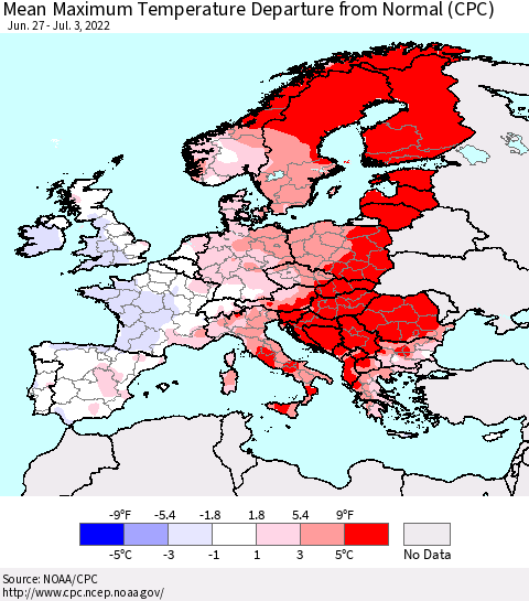 Europe Mean Maximum Temperature Departure from Normal (CPC) Thematic Map For 6/27/2022 - 7/3/2022