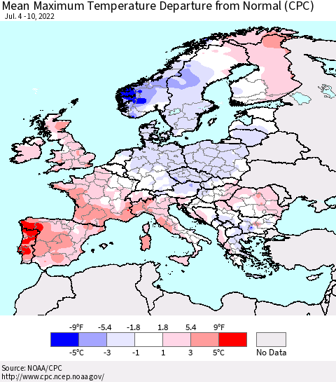 Europe Mean Maximum Temperature Departure from Normal (CPC) Thematic Map For 7/4/2022 - 7/10/2022