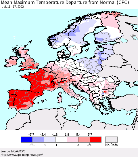 Europe Mean Maximum Temperature Departure from Normal (CPC) Thematic Map For 7/11/2022 - 7/17/2022