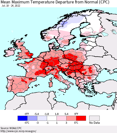 Europe Mean Maximum Temperature Departure from Normal (CPC) Thematic Map For 7/18/2022 - 7/24/2022