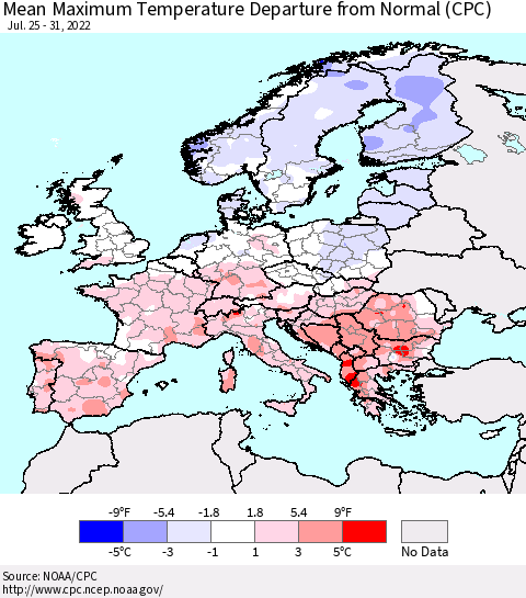 Europe Mean Maximum Temperature Departure from Normal (CPC) Thematic Map For 7/25/2022 - 7/31/2022