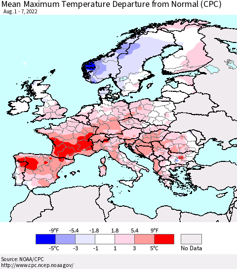 Europe Mean Maximum Temperature Departure from Normal (CPC) Thematic Map For 8/1/2022 - 8/7/2022