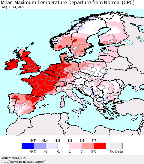 Europe Mean Maximum Temperature Departure from Normal (CPC) Thematic Map For 8/8/2022 - 8/14/2022