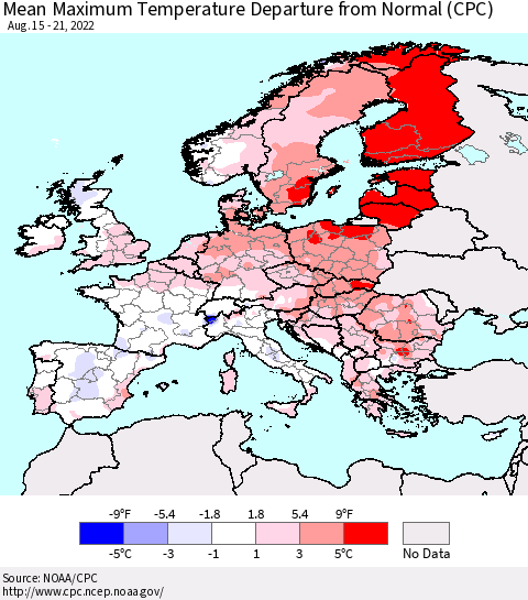 Europe Mean Maximum Temperature Departure from Normal (CPC) Thematic Map For 8/15/2022 - 8/21/2022