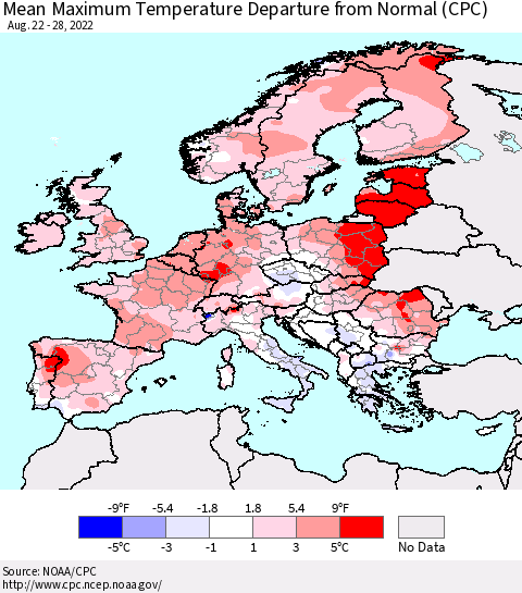 Europe Mean Maximum Temperature Departure from Normal (CPC) Thematic Map For 8/22/2022 - 8/28/2022