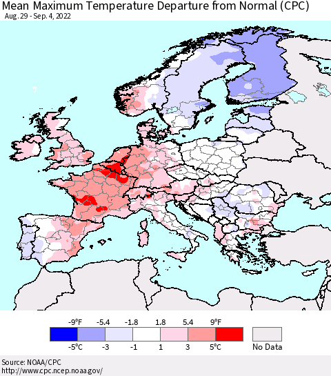 Europe Mean Maximum Temperature Departure from Normal (CPC) Thematic Map For 8/29/2022 - 9/4/2022