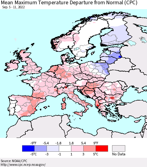Europe Mean Maximum Temperature Departure from Normal (CPC) Thematic Map For 9/5/2022 - 9/11/2022
