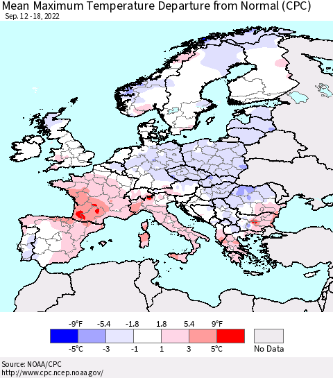 Europe Mean Maximum Temperature Departure from Normal (CPC) Thematic Map For 9/12/2022 - 9/18/2022