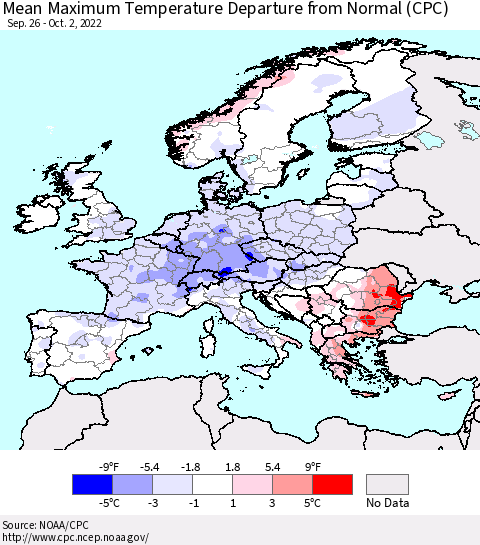 Europe Mean Maximum Temperature Departure from Normal (CPC) Thematic Map For 9/26/2022 - 10/2/2022