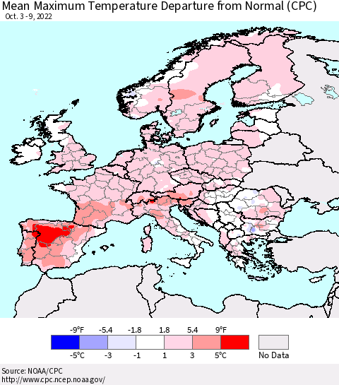Europe Mean Maximum Temperature Departure from Normal (CPC) Thematic Map For 10/3/2022 - 10/9/2022