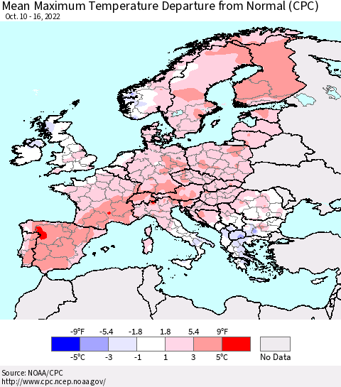 Europe Mean Maximum Temperature Departure from Normal (CPC) Thematic Map For 10/10/2022 - 10/16/2022
