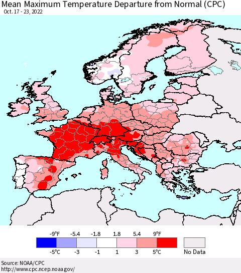 Europe Mean Maximum Temperature Departure from Normal (CPC) Thematic Map For 10/17/2022 - 10/23/2022