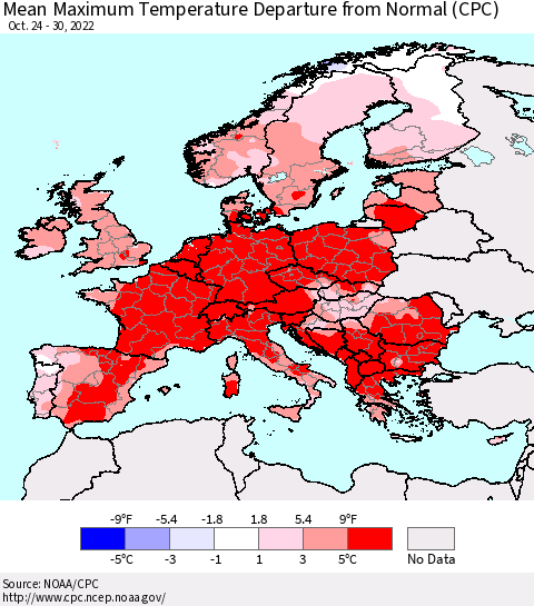 Europe Mean Maximum Temperature Departure from Normal (CPC) Thematic Map For 10/24/2022 - 10/30/2022