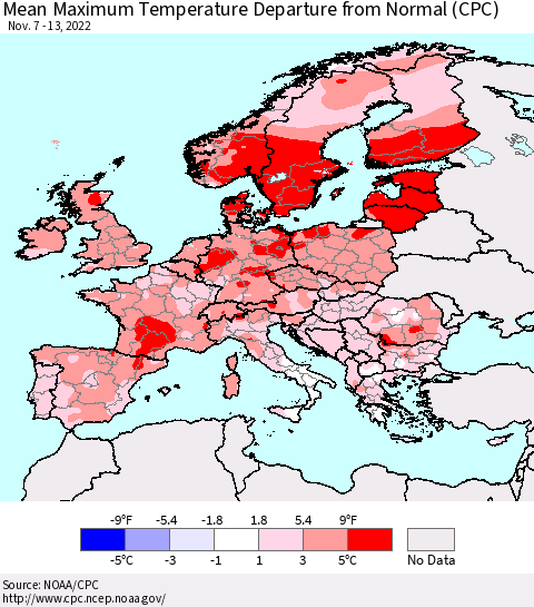 Europe Mean Maximum Temperature Departure from Normal (CPC) Thematic Map For 11/7/2022 - 11/13/2022