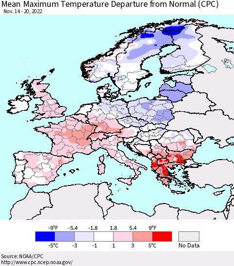 Europe Mean Maximum Temperature Departure from Normal (CPC) Thematic Map For 11/14/2022 - 11/20/2022
