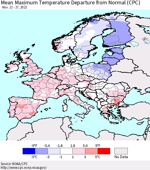 Europe Mean Maximum Temperature Departure from Normal (CPC) Thematic Map For 11/21/2022 - 11/27/2022
