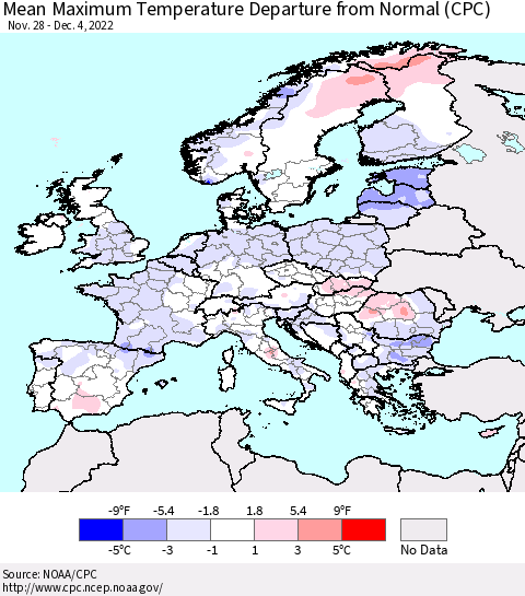 Europe Mean Maximum Temperature Departure from Normal (CPC) Thematic Map For 11/28/2022 - 12/4/2022