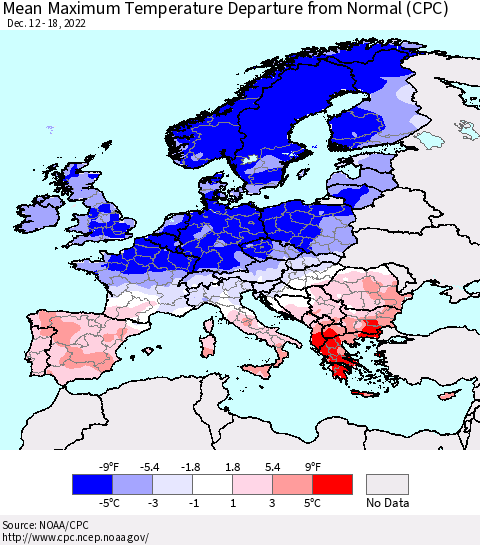 Europe Mean Maximum Temperature Departure from Normal (CPC) Thematic Map For 12/12/2022 - 12/18/2022