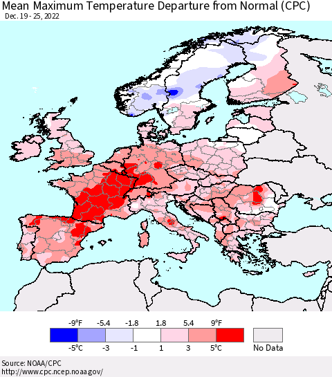 Europe Mean Maximum Temperature Departure from Normal (CPC) Thematic Map For 12/19/2022 - 12/25/2022