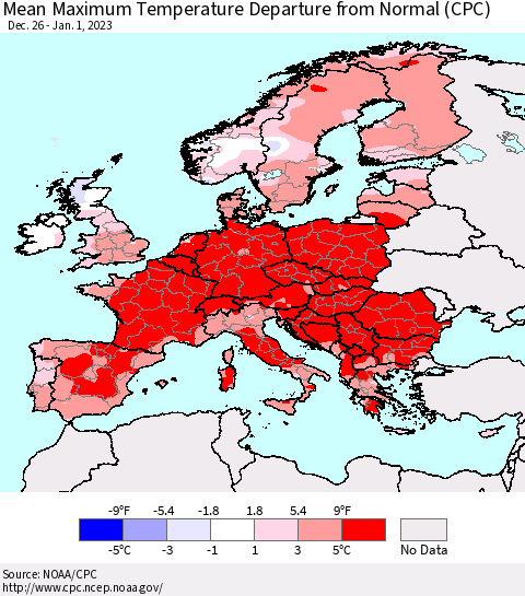 Europe Mean Maximum Temperature Departure from Normal (CPC) Thematic Map For 12/26/2022 - 1/1/2023