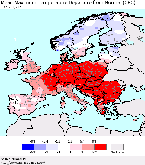 Europe Mean Maximum Temperature Departure from Normal (CPC) Thematic Map For 1/2/2023 - 1/8/2023
