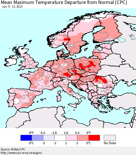 Europe Mean Maximum Temperature Departure from Normal (CPC) Thematic Map For 1/9/2023 - 1/15/2023