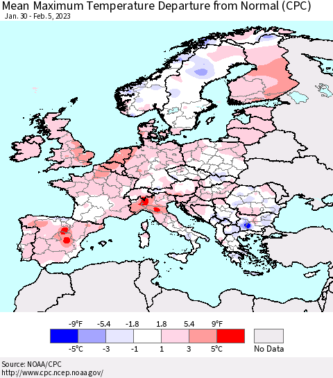Europe Mean Maximum Temperature Departure from Normal (CPC) Thematic Map For 1/30/2023 - 2/5/2023