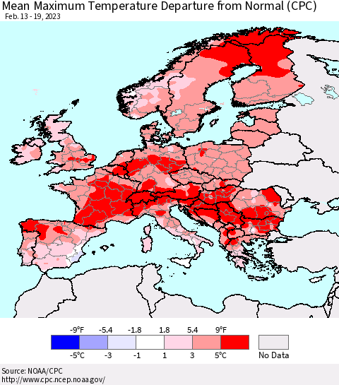 Europe Mean Maximum Temperature Departure from Normal (CPC) Thematic Map For 2/13/2023 - 2/19/2023