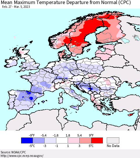 Europe Mean Maximum Temperature Departure from Normal (CPC) Thematic Map For 2/27/2023 - 3/5/2023