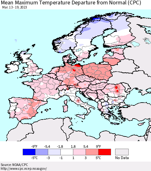 Europe Mean Maximum Temperature Departure from Normal (CPC) Thematic Map For 3/13/2023 - 3/19/2023
