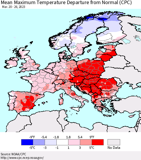 Europe Mean Maximum Temperature Departure from Normal (CPC) Thematic Map For 3/20/2023 - 3/26/2023