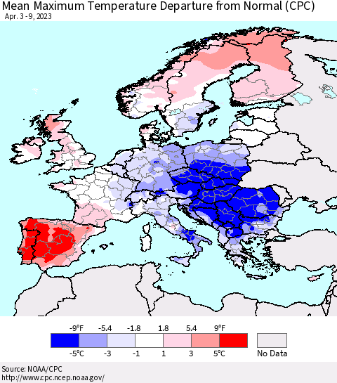 Europe Mean Maximum Temperature Departure from Normal (CPC) Thematic Map For 4/3/2023 - 4/9/2023