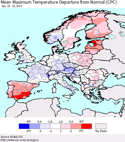 Europe Mean Maximum Temperature Departure from Normal (CPC) Thematic Map For 4/10/2023 - 4/16/2023