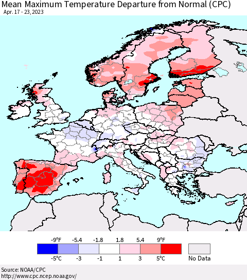 Europe Mean Maximum Temperature Departure from Normal (CPC) Thematic Map For 4/17/2023 - 4/23/2023