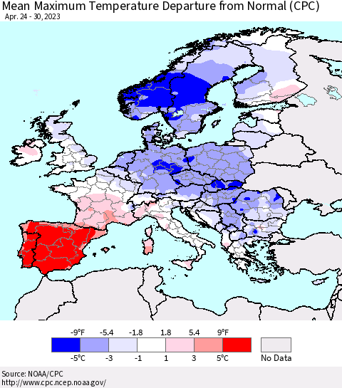 Europe Mean Maximum Temperature Departure from Normal (CPC) Thematic Map For 4/24/2023 - 4/30/2023
